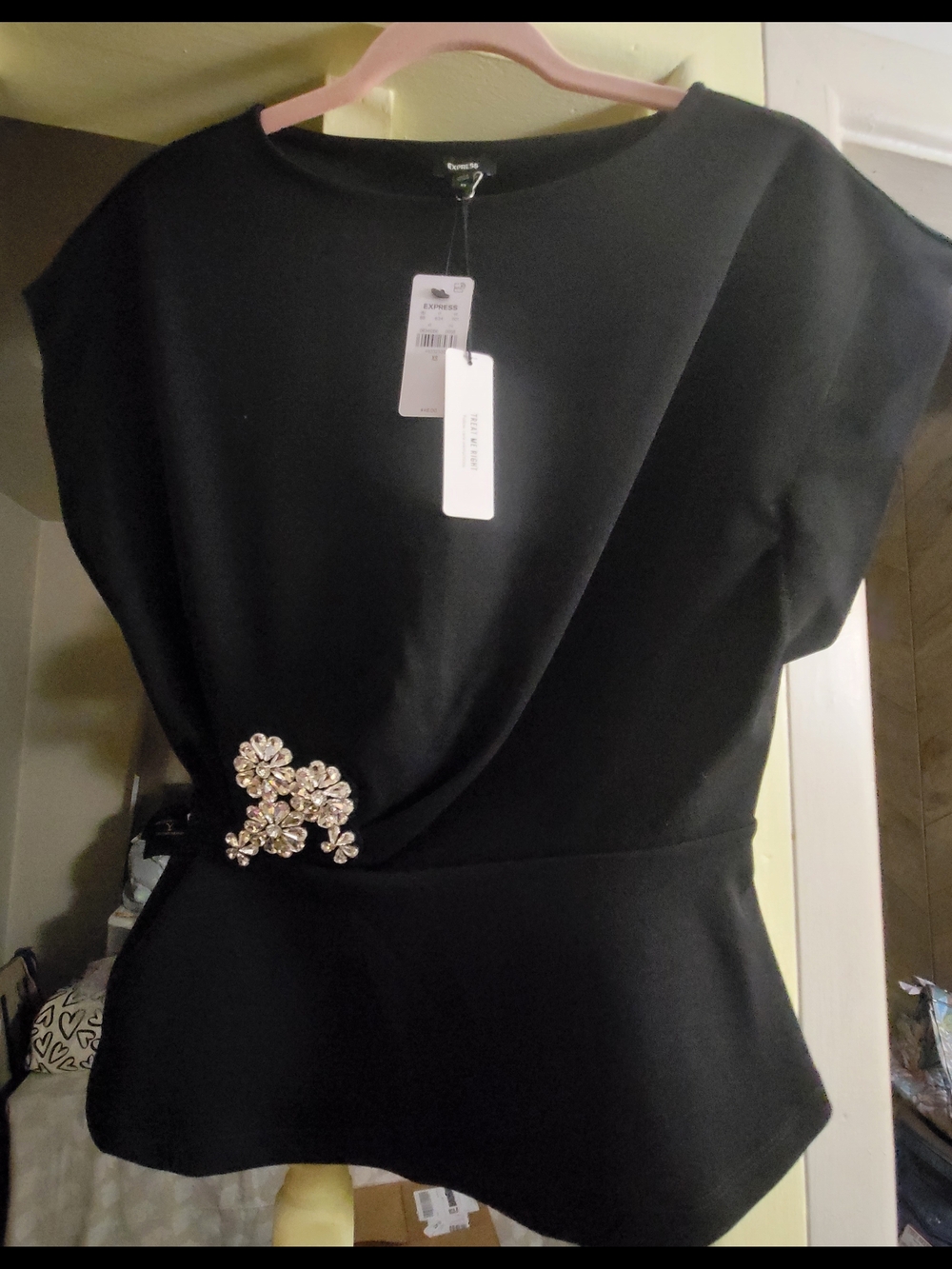 Express Black Midi Dress with Crystal Floral Accent